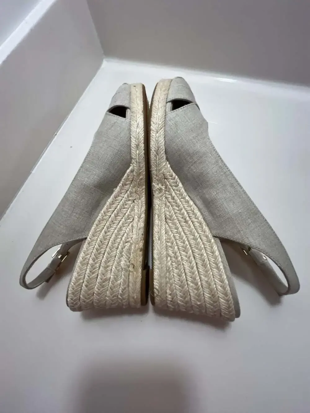 Lauren Ralph Lauren Beige Linen Slingback Wedge Espadrille Sandals
